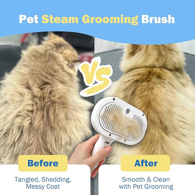 4-in-1 Pet Grooming Steam Brush for Cats & Dogs – Steam Spray, Blue Light, Hair Removal, Self-Cleaning Comb – Includes Pet Waterless Shampoo