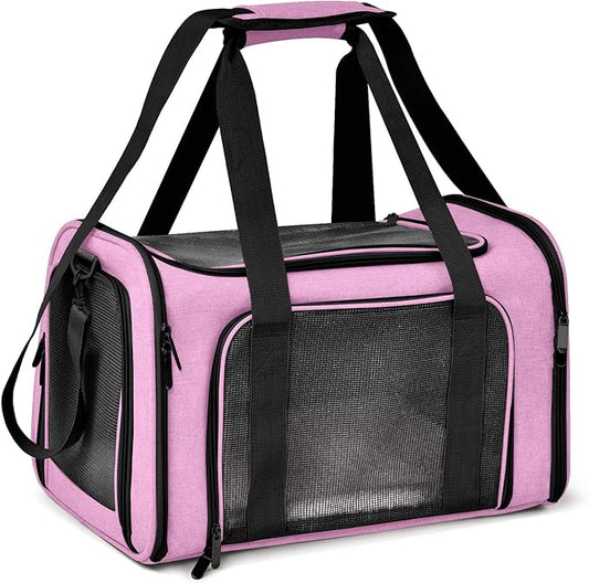 Pet Carrier for Small Medium Cats Dogs Puppies up to 15 Lbs, TSA Airline Approved, Soft Sided, Collapsible Travel - Pink