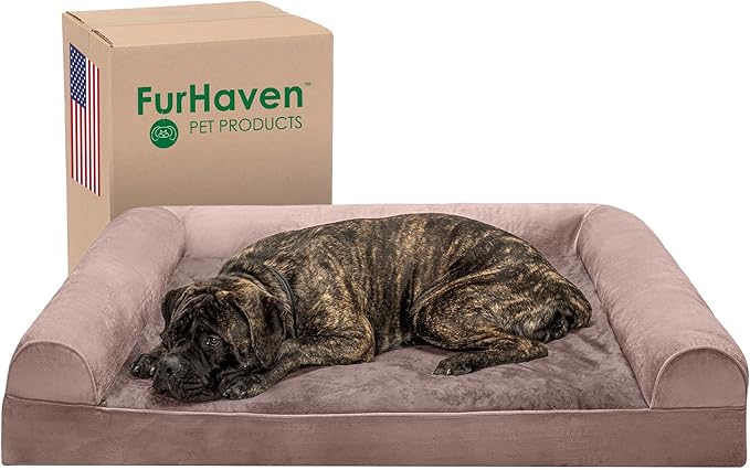Furhaven Orthopedic Dog Bed for Large Dogs w/ Removable Bolsters & Washable Cover, For Dogs Up to 125 lbs - Faux Fur & Velvet Sofa - Driftwood Brown, Jumbo Plus/XXL