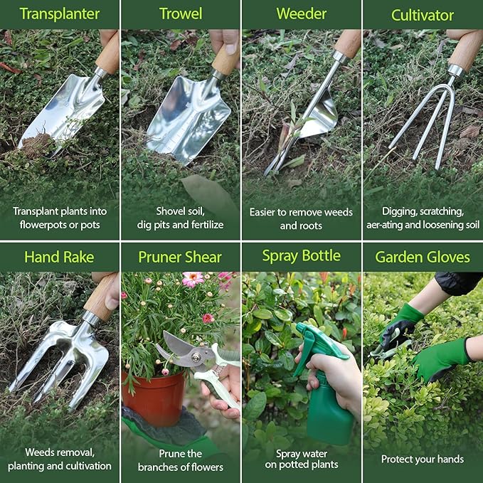 Garden Tool Set, 10 Piece Kit with Heavy Duty Folding Stool, Detachable Storage Tote Bag, Stainless Steel Tools, Gifts for Women Men Green