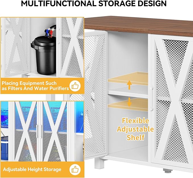 DWVO 75-120 Gallon Aquarium Stand with Power Outlet & LED Light, Cabinet for Accessories Storage - Heavy Duty Metal Fish Tank Stand Suitable for Turtle Tank, Reptile Terrarium, 2000LBS Capacity, White