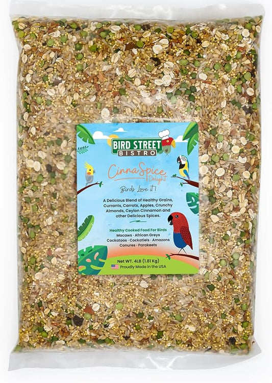 Parrot Parakeet Cockatiel Food - Bird Food - Cooks in 3-15 min with Natural & Organic Grains - Legumes - Non-GMO Fruits, Vegetables, & Health Orientated Spices (4.00 Pound (Pack of 1), CinnaSpice)