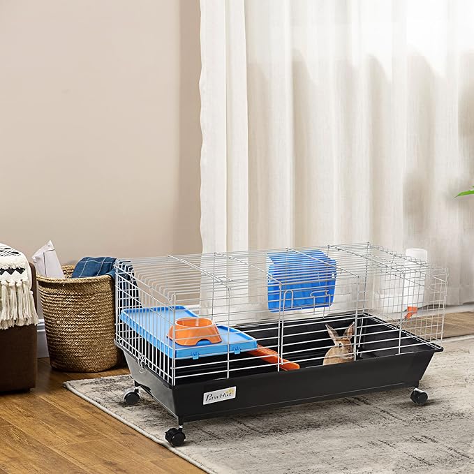 PawHut 35" L Small Animal Cage, Rolling Bunny Cage, Guinea Pig Cage with Food Dish, Water Bottle, Hay Feeder, Platform, Ramp for Chinchilla, Black
