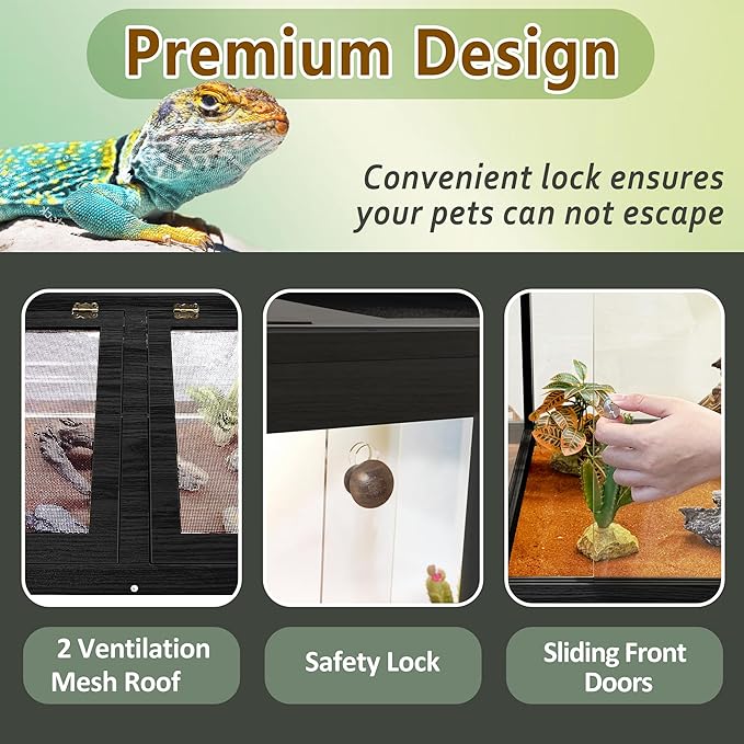 Bearded Dragon Tank,Tempered Glass Reptile Tank with Mesh Roof and Front Sliding Door,Anti-Scratch Lizard Tank,Spacious Reptile Enclosure for Snakes,Lguanas (Black, 63Gallons,40"x20"x20")