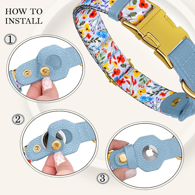 AirTag Dog Collar for Small Medium Large Breed - Adjustable Cute Pattern Dog Collar with Airtag Holder - Soft Leather Tracker GPS Apple Air Tag Pet Collars (Medium, 14"-18" Neck Fit, Floral)