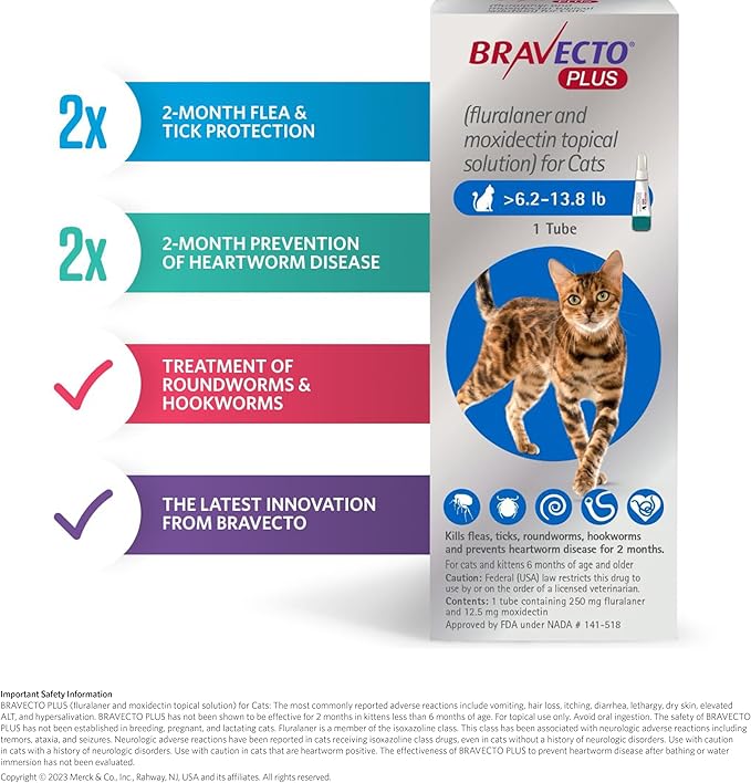 BRAVECTO PLUS Topical Solution for Cats, Flea, Tick & Heartworm, 2 Months Supply, 13.8-27.5 lbs., Purple Box