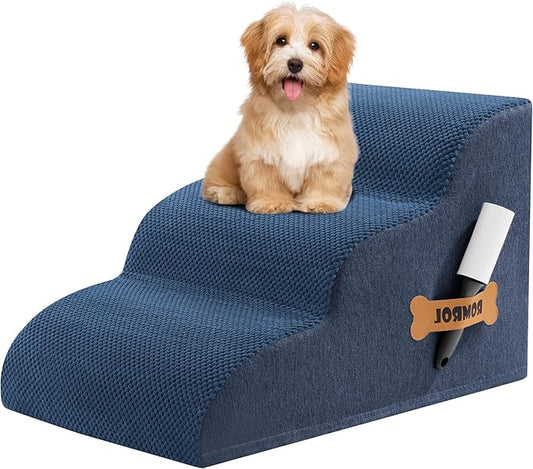 Romrol Dog Stairs Ramp for Beds Couches, Extra Wide Pet Steps with Durable Non-Slip Waterproof Fabric Cover, Dog Slope Stairs for Small Dogs and Cats or Pets Friendly, 3-Tiers, 13 Inch,Dusty Blue