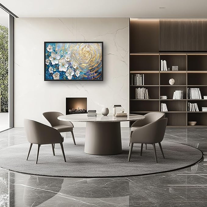 Flower Large Wall Art White Floral Pictures Abstract Golden Spiral Texture Wall Decor Canvas Print Painting Artwork for Bathroom Living Room Bedroom 36L" x 24W"