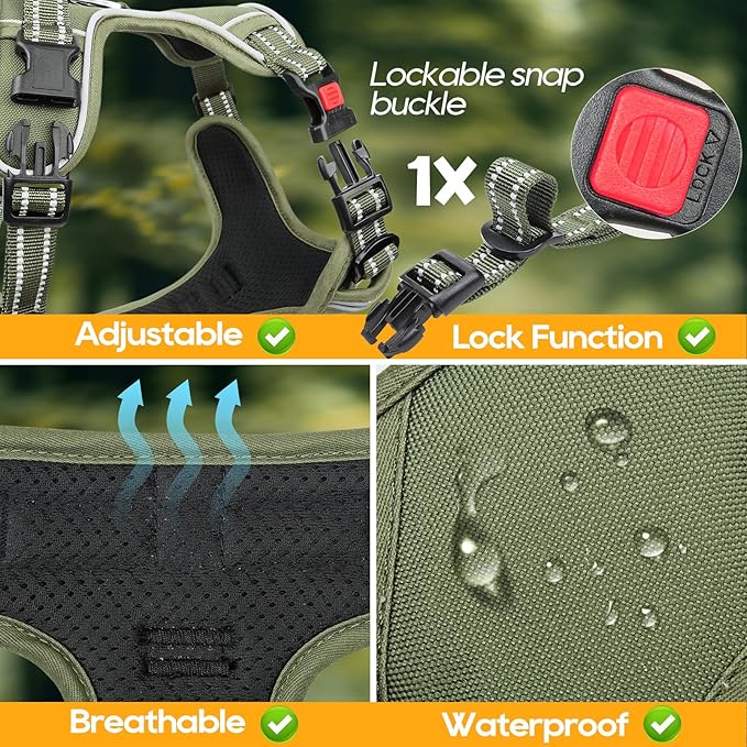 Timos Dog Harness Medium Sized, No Pull Pet Harness with Neck Lockable Snap,No Choke Front Clip Dog Reflective Vest,Adjustable Metal Rings 3 Buckles,Easy Control Handle for Medium Dogs Green M
