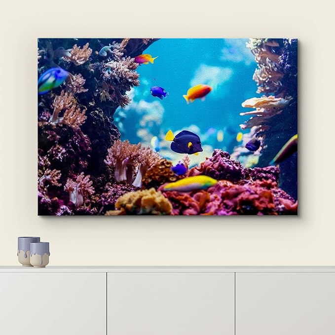 wall26 Canvas Print Wall Art Vibrant Blue Pink Coral Reef Blue Hippo Tang Nature Animals Photography Realism Rustic Scenic Landscape Wilderness Colorful for Living Room, Bedroom, Office - 32"x48"