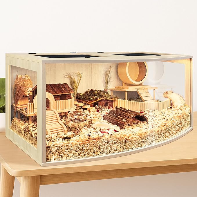Hamster Cage Chew Proof Wood, Hamsters Enclosure Openable Top with Curved Design,Waterproof Small Animals Cage with Acrylic Sheets for Gerbils,Hamster Habitat(32 Inches)