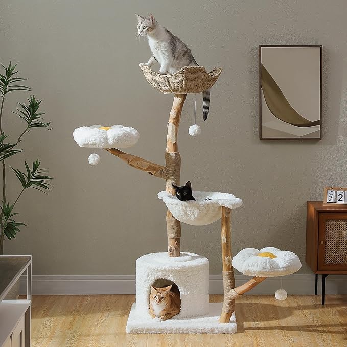 PAWZ Road Cat Tree for Indoor Cats Large Adults, 59 Inches Modern Cat Tower with Large Basket and Hammock, Natural Solid Wood, Luxury Condo & Dual Perches, Modern Cat Furniture for Big Cats, White