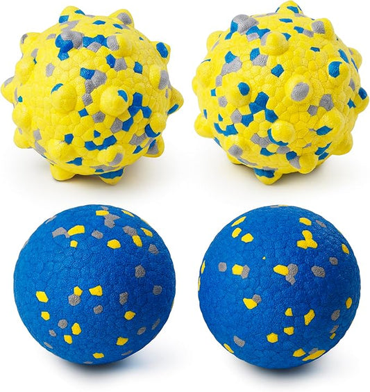 Dog Tennis Balls for Aggressive Chewers, Indestructible Durable Bouncy Interactive Toy for Dogs Fetch Game Lightweight Floating Outdoor Training(2 Yellow Point+ 2 Blue Cirle Medium)