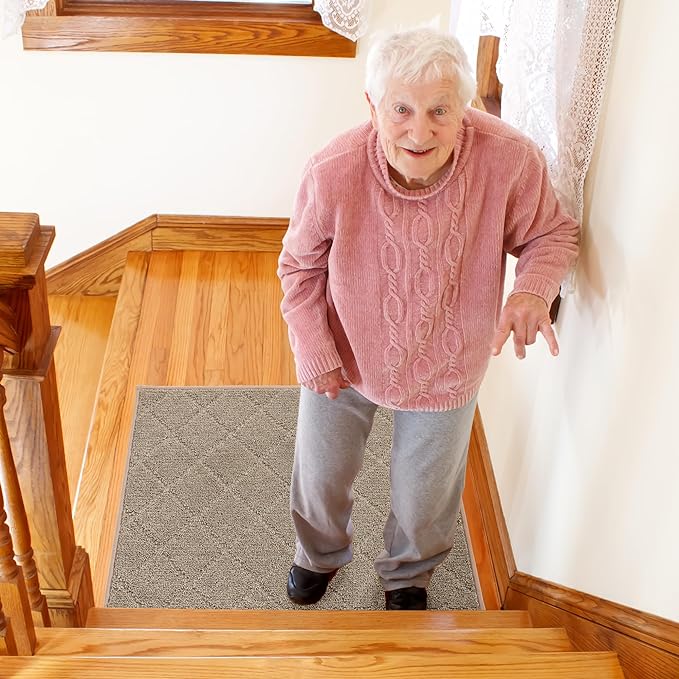 COSY HOMEER Edging Stair Treads Non-Slip Corner Indoor Stair Runners for Wooden Steps,Landing Slip Resistant Stair Rugs for Kids and Dogs, 100% Polyester TPE Backing,Beige,20"X32"