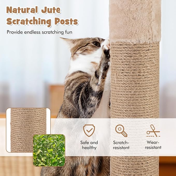 PETSITE 65 inch Cattail Cat Tree Tower, Multi-Level Cat Tower with Natural Jute Scratching Posts, Cat Bed, Top Perch, Dangling Balls and Jumping Platforms, Modern Tall Cat Tree for Indoor Cats