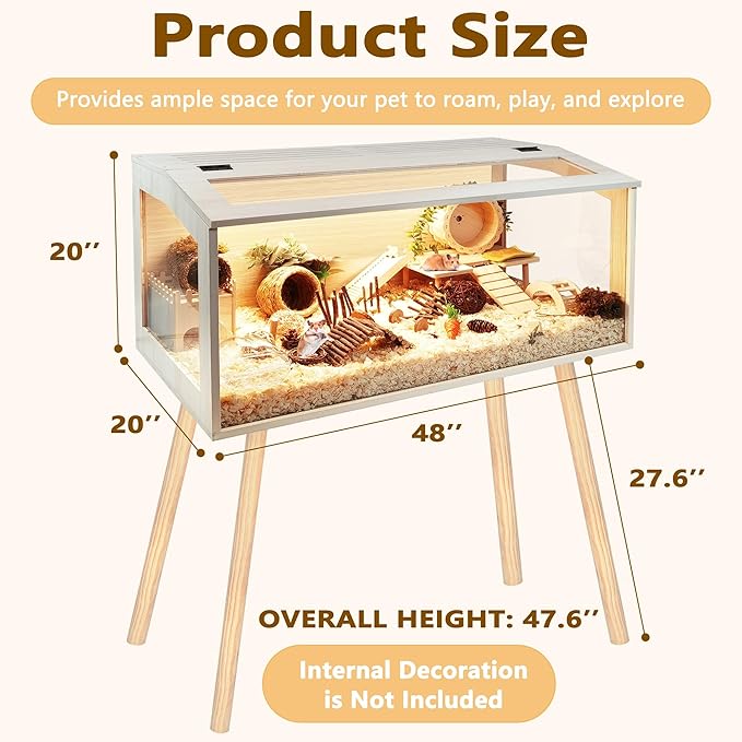 Hamster Cage Wooden Chew Proof, Extra Large Mice and Rat Habitat Openable Top with Acrylic Sheets Solid Built Small Animal Cage with Leg Stands, 48 Inch Long