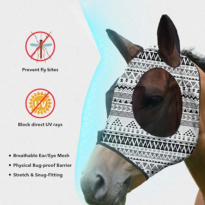 Harrison Howard Super Comfort Stretchy Fly Mask Large Eye Space with UV Protection Soft on Skin with Breathability Doodle Aztec Full Size