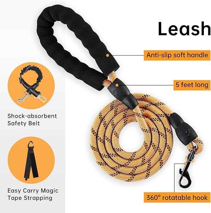 IVY&LANE No Pull Dog Harness for Small Dogs, Vest Harness with Leash, Safety Belt and Storage Strap, Fully Adjustable, 360° Reflective Strip, Soft Handle (Orange, S)