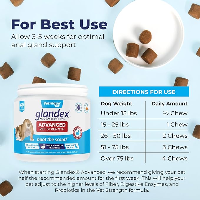 Vetnique Glandex Anal Gland Soft Chew Treats with Pumpkin for Dogs Digestive Enzymes, Probiotics Fiber Supplement for Dogs Boot The Scoot (Advanced Strength Duck/Bacon Chews (Vegetarian), 60 Ct)
