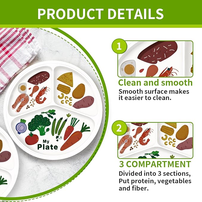 10" 3-Grid Cute Cartoon Portion Control Plate - Melamine, Healthy Nutrition for Weight Loss & Diabetes Management, Ideal for Adults & Teens Kids (4 Pack)