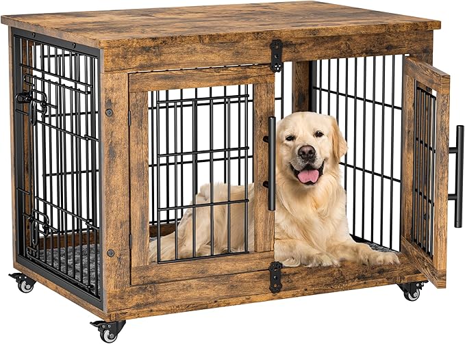Lulive Dog Crate Furniture Set of 2, Dog Kennel Indoor Double Doors Wooden Dog Cage, 32'' Heavy Duty Dog Crate with Cushion & Wheels, End Table Pet House Chew-Resistant Up to 45 lb, Rustic Brown
