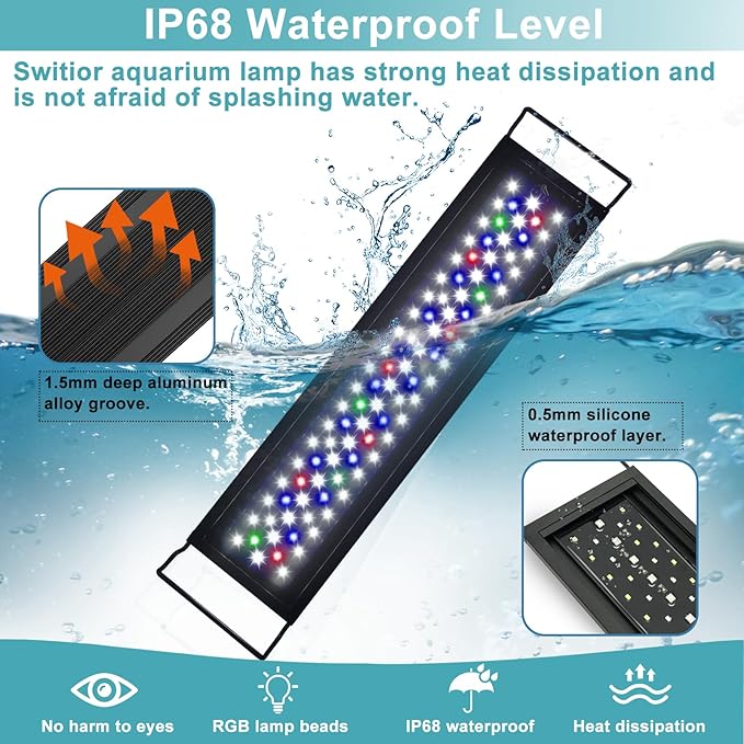 24/7 LED Aquarium Light, IP68 Waterproof Extendable Bracket Fish Tank Light with Timer, 7 Colors, 10 Level Adjustable Brightness, DIY Mode Full Spectrum Aquarium Plant Light for 36-42 Inch Fish Tank