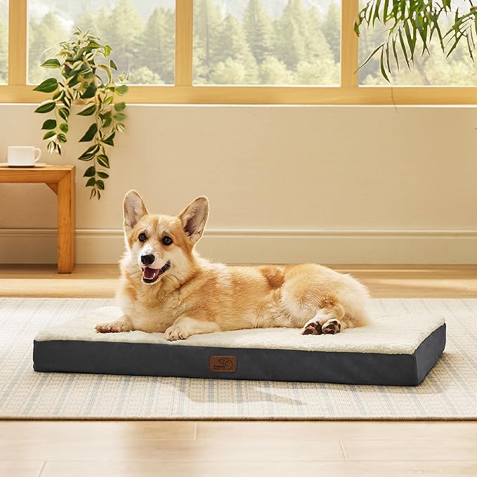 Bedsure Large Dog Bed for Crate - Orthopedic Flat Pet Beds with Removable Washable Cover, Egg Crate Foam Crate Mat, Suitable for Pet Up to 50 lbs