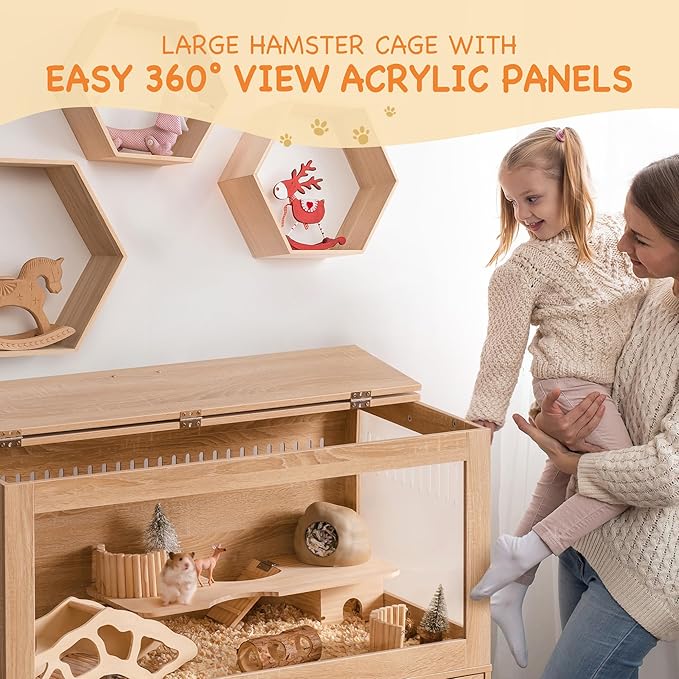 Mewoo Large Hamster Cage, Hamster Cage with Storage Cabinet, Large Habitats Hamster House with View Acrylic Panels and Drawer, Small Animal Cage for Guinea Pig, Rat, Hedgehog, Ferret