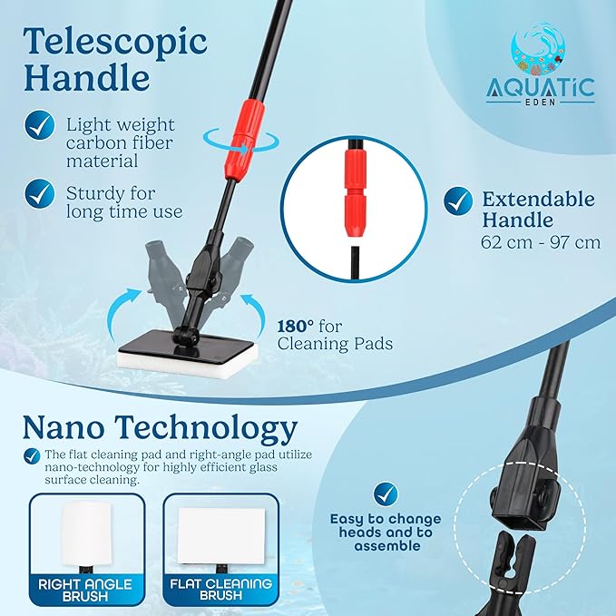 Aquarium Cleaning Tools 7 in 1 - Fish Tank Cleaning Kit with Algae Scraper, Scrubber Pad, Adjustable Telescopic Long Handle, Fish Net, Gravel Rake, Fork & Brush - Saltwater & Freshwater Tank