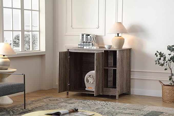 Cat-Faced Doors Cat Litter Robot Enclosure,Automatic Litter Box Enclosure for Litter Robot 3/4,Power Outlet for Litter Robot Cabinet,Litter Collector,Dog-Proof Adjustable Shelf,Grey