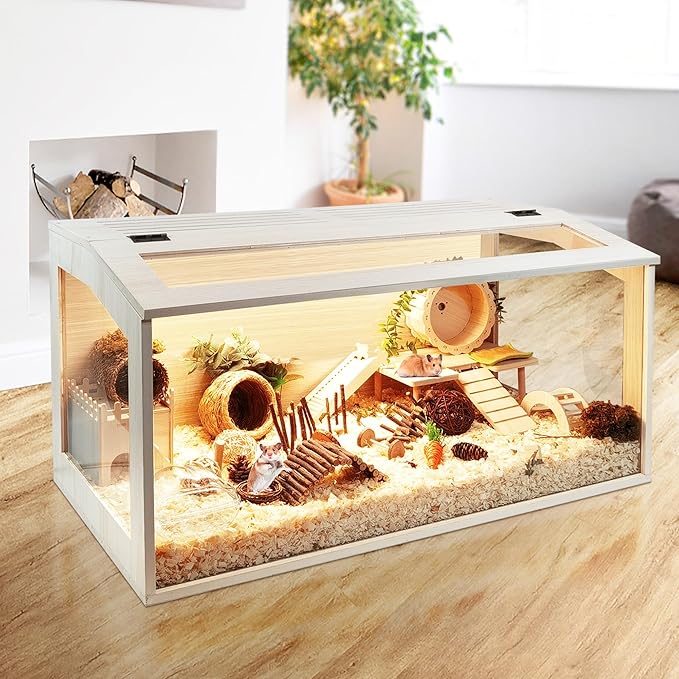 Hamster Cage Chewproof Wood, Mice and Rat Habitat Openable Top with Acrylic Sheets Solid Built, Small Animal Cage, 40 Inch Length