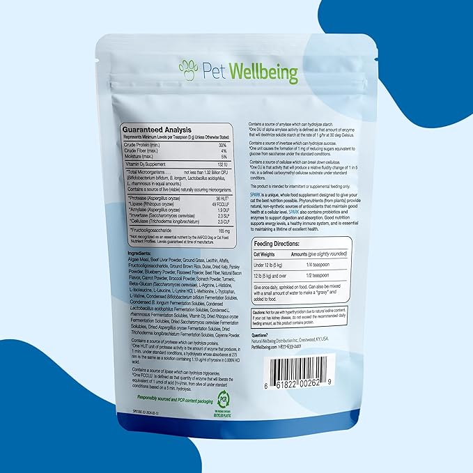 Pet Wellbeing Spark Daily Nutritional Greens Superfood for Cats - Probiotics, Prebiotics, Digestive Enzymes, Amino Acids, Antioxidants, Vitamin D, Spirulina - Veterinarian-Formulated 3.53 oz (100 g)