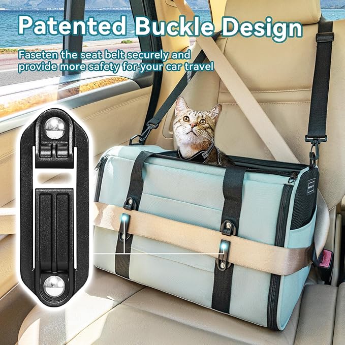PETSFIT Soft-Sided Cat Carriers & Car Seats with Patent Safe Buckles, Clip-On Harness，18"x11"x11" Airline Approved Pet Carrier - 9 lbs Capacity (Cyan Blue)