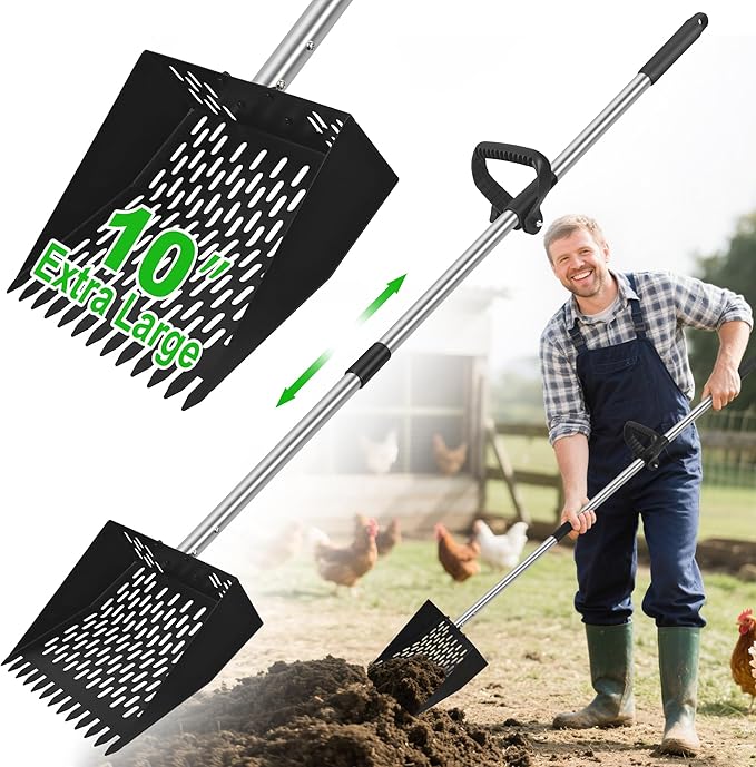 2-in-1 Chicken Poop Scooper & Rake - Adjustable Chicken Coop Scoop with Handle（39、53、67 in），Stainless Steel Shovel Head- Litter Scooper Sand & Sifting Shovel for Chicken Coops
