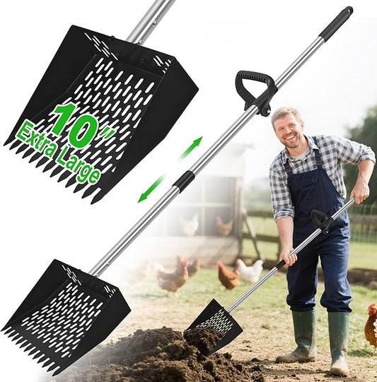 2-in-1 Chicken Poop Scooper & Rake - Adjustable Chicken Coop Scoop with Handle（39、53、67 in），Stainless Steel Shovel Head- Litter Scooper Sand & Sifting Shovel for Chicken Coops
