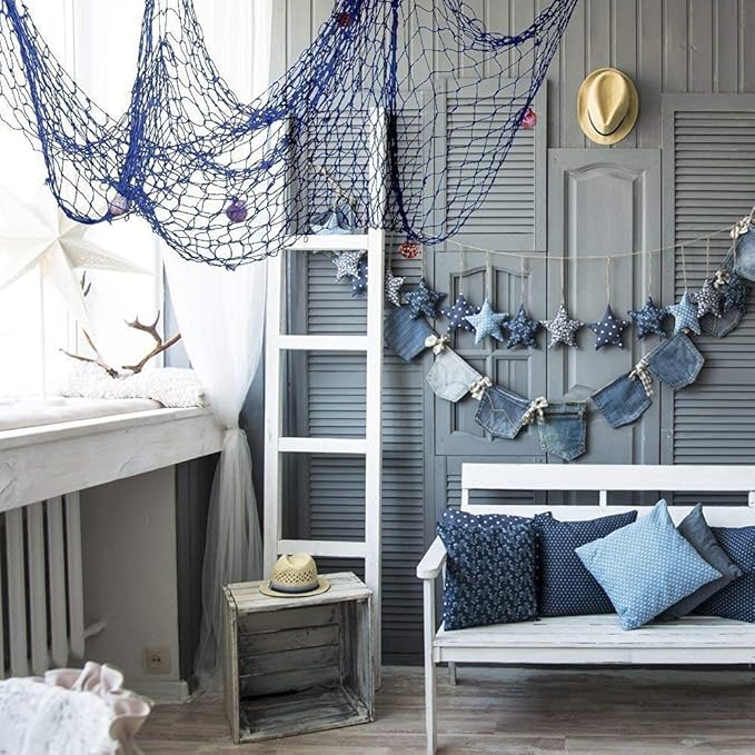 Nature Fish Net Wall Decoration with Shells, Ocean Themed Wall Hangings Fishing Net Party Decor for Pirate Party,Wedding,Photographing Decoration (Fishnet-2pack-Beige & Blue)