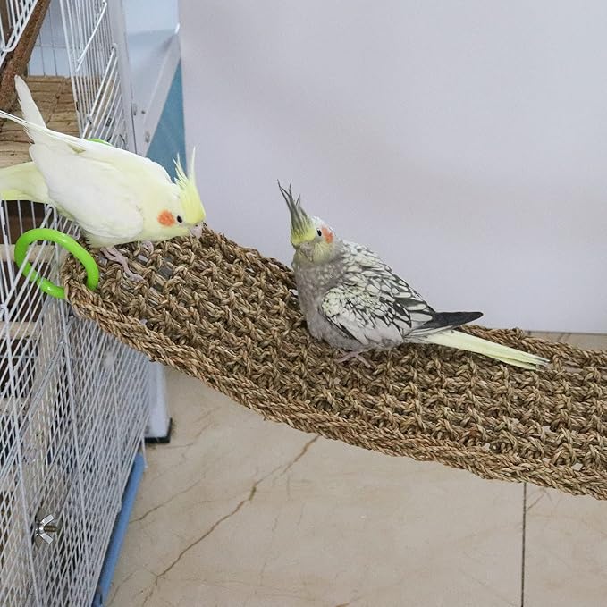 39 x 7 Inches Seagrass Mat, Natural Seagrass Woven Net, Bird Hammock Mat with Hooks, Cage Accessories, Climbing Rope Ladder Chew Toys for Cockatiel, Hamster, Guinea Pig, Rats, Parakeet