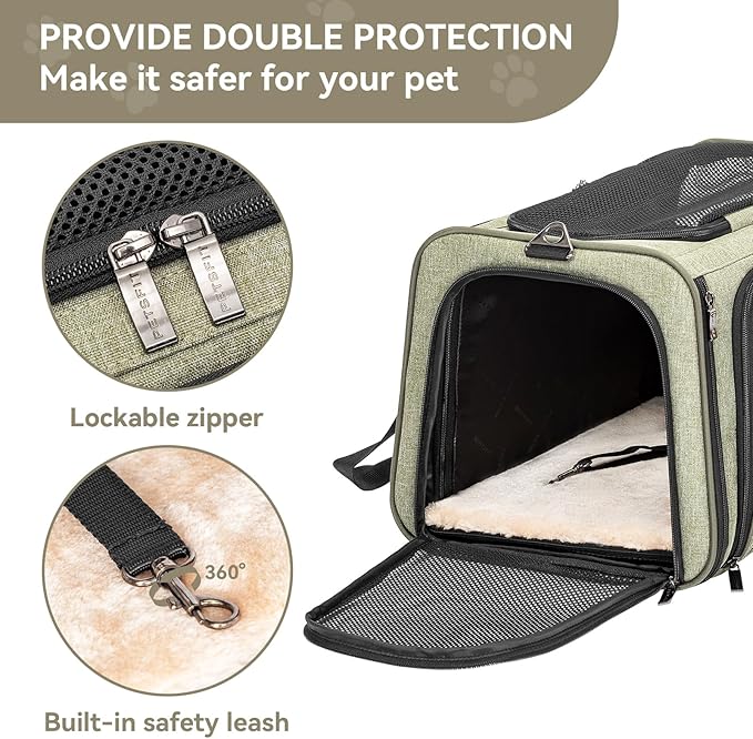 Petsfit Expandable Rabbit Carrier Cat Carriers, 16 Inch Airline Approved Pet Carrier with 2 Extensions, Soft Washable Cushion, Self-Locking Zipper Head, Built-in Safety Rope, Fit for Travel