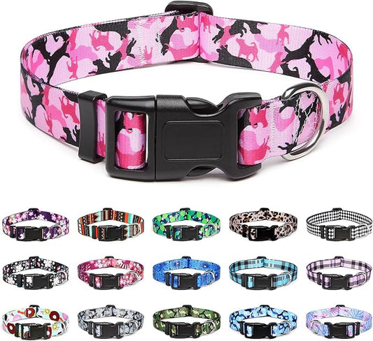 Mercano Adjustable Dog Collar - Special Design Patterns, Soft Nylon Comfortable Sturdy Pet Collar for Small Medium Large Dogs (L, Dog Camouflage Pink)