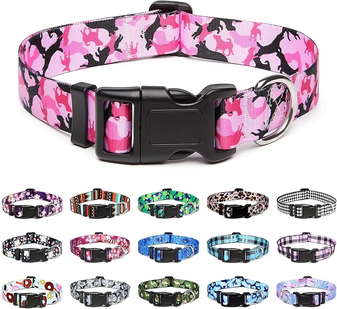 Mercano Adjustable Dog Collar - Special Design Patterns, Soft Nylon Comfortable Sturdy Pet Collar for Small Medium Large Dogs (M, Dog Camouflage Pink)