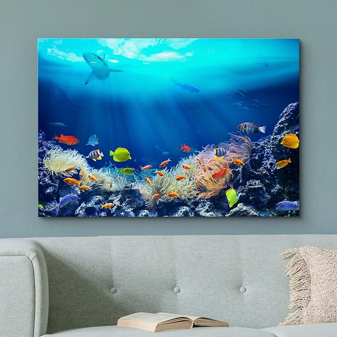 wall26 Canvas Print Wall Art Shining Sunlight Coral Reef Shark & Fish Nature Animals Photography Realism Rustic Scenic Landscape Wilderness Earth Colorful for Living Room, Bedroom, Office - 16"x24"