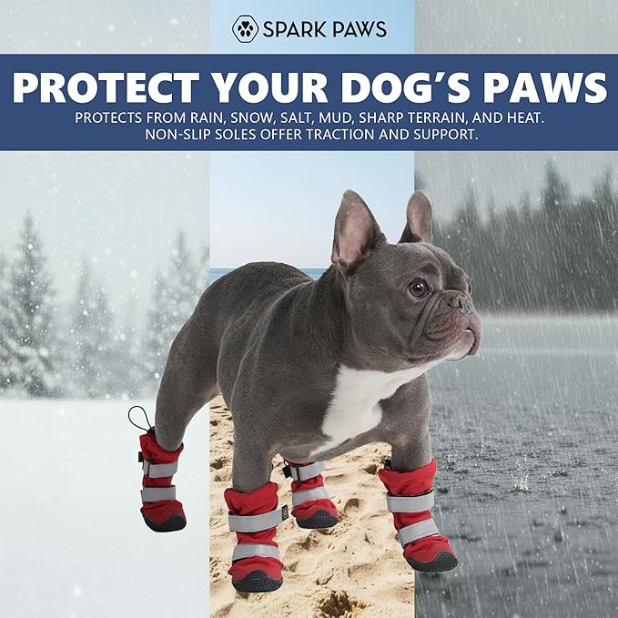 Spark Paws Dog Shoes, Waterproof Dog Boots for Medium to Large Dogs, Non Slip, Breathable Dog Booties and Paw Protectors - 4PCS Doggie Hiking Boots with Reflective Straps, Red, Size 7