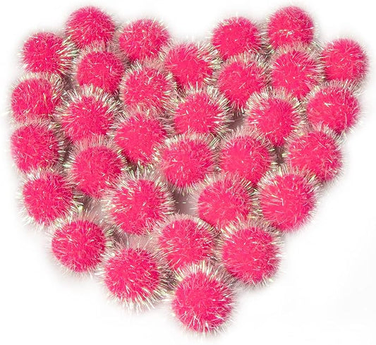 VAPKER 30 Pcs Cat Ball Toys Sparkle Balls Extra Large 2 Inch Cat's Favorite Chase Glitter Ball Glitter Tinsel Pom Poms Balls Hot Pink Color