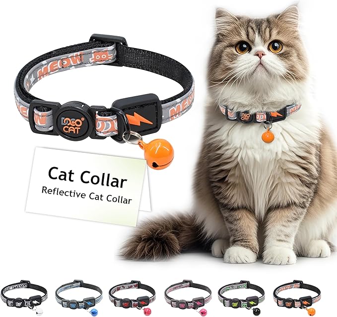 DOCO Cat Collar (Neck Girth - 3/8" x 7.5-12", Weight Upto - 13lb) Reflective Cat Collar with Bell, Breakaway Safety Buckle, Adjustable Nylon Strap for Kittens & Adult Cats (Orange)