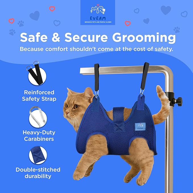 Pet Grooming Hammock for Cats & Small Dogs – Nail Clipping Kit with Sling, Clippers, File, Glove, Straps & Carabiners – Ideal for Trimming & Ear Cleaning – [S/XS] (Blue, Extra-Small)