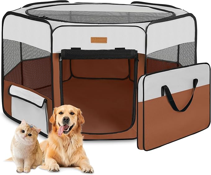Dog Playpen, Portable Pet Play Pen for Cat, Puppies, Rabbits, Chickens, Foldable Large-Capacity Pet Tent for Indoor/Outdoor Travel Camping Brown