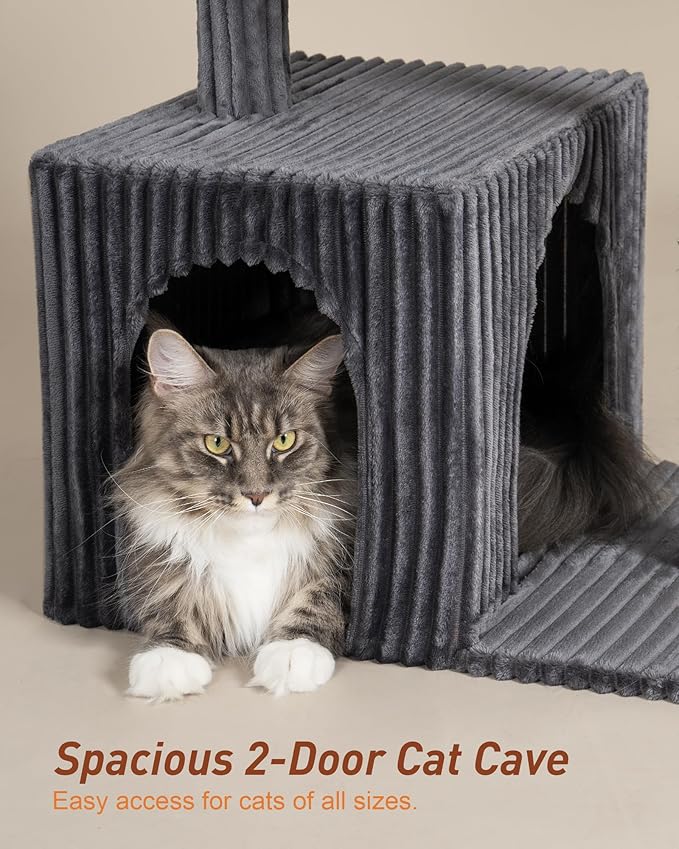 Cat Tree for Large Cat, 22.8” Cat Tower with Scratching Post, 20.9 * 15.7in Perch Bed for Adult Cats, Cat Condo with 2 Caves for Indoor Cats, Dark Gray