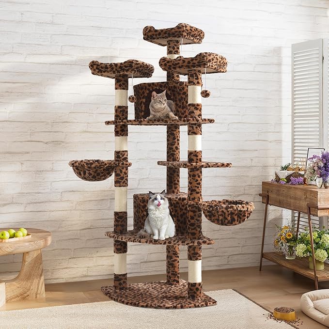 SHA CERLIN 73in Fan-Shaped Corner Cat Tower for Save Space/Multi-Level Tall Cat Tree for Indoor Kitties/Condo with Baskets/Cozy Perches/Sisal Scratching Posts/Pet Activity House/Leopard Print