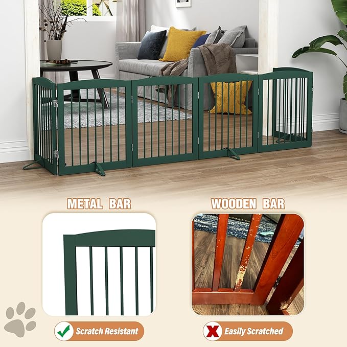 Freestanding Pet Gate for Dogs, Foldable Wooden Dog Gate for House, Extra Wide Indoor Pet Barrier for Stair, Doorway, Hall, Support Feet Included, 120 Inch Wide, 6 Panels 24",Green
