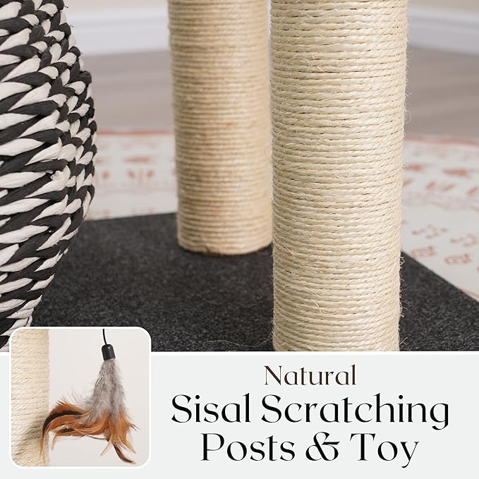 PetPals Ace 4-Level Multi-Activity Cat Tree with Handwoven Recycled Paper Rope Condo and Top Nest Bed, Replaceable Sisal Scratching Posts, Feather Teaser Toy, Black & White